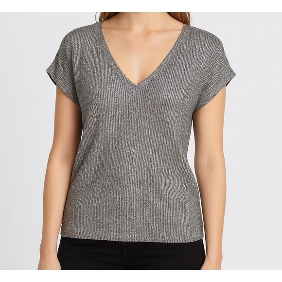 White House Black Market Tops - WHBM White House Black Market Silver V Neck XS Cap Sleeve Top